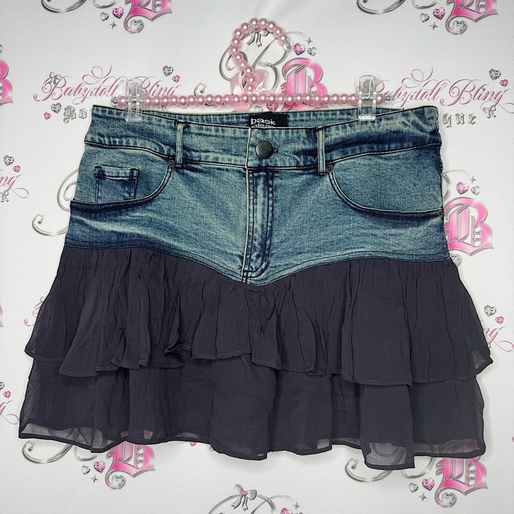 Basic pleasure mode skirt ruffle frill tiered denim jean cute frilly blue navy